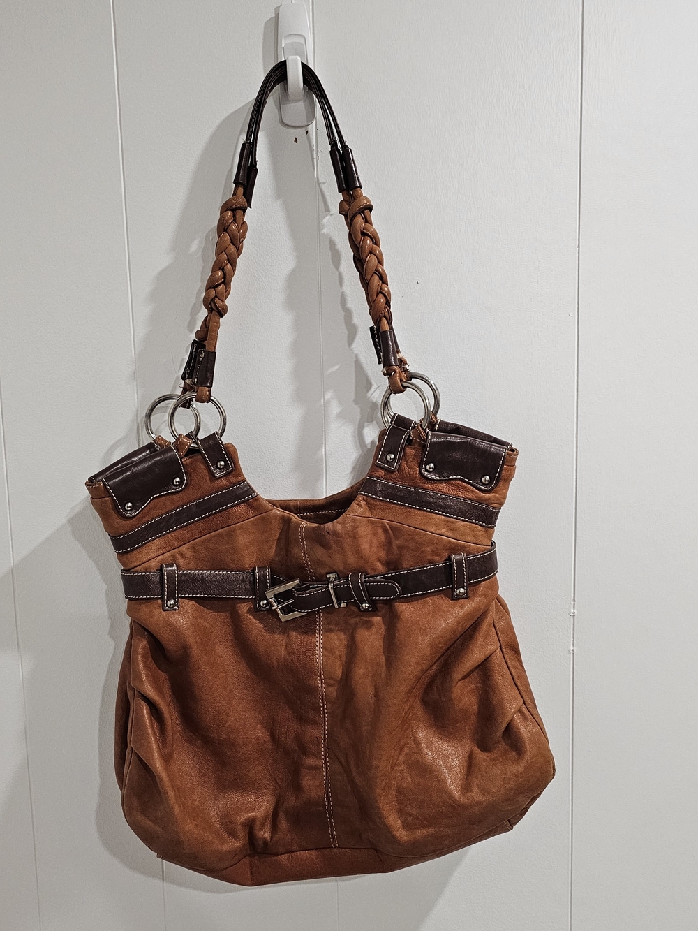 Danier Genuine Leather Handbag Cognac Brown Western Boho Braided Y2K Vintage